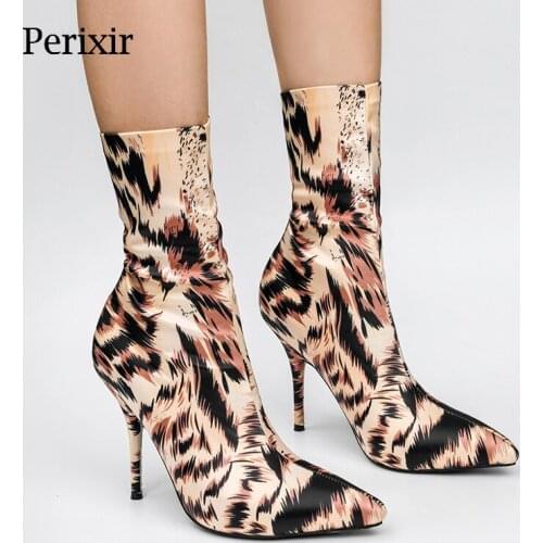 Perixir Women Ankle Boot Stretch Fabric Leopard Stiletto Heel Pointed Toe 2021 New Fashion Footwear Pull On Lady Shoes In Autumn