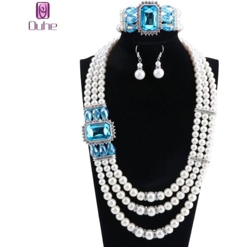Womens 3 Layer Large Simulated Pearl Crystal Statement Necklace Bangle Earrings Strand Costume Jewelry Set