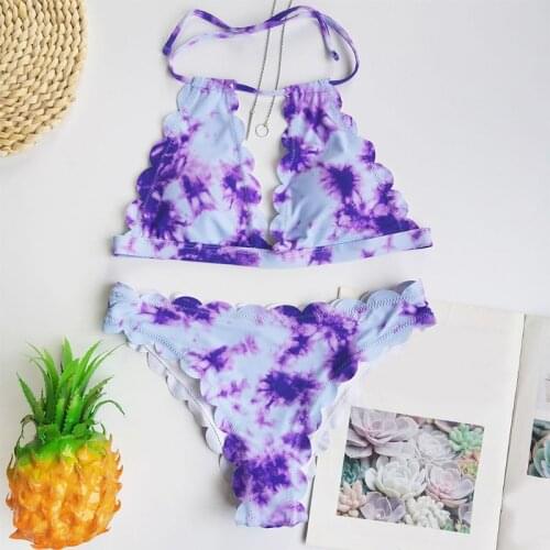 Women Sexy 2Pcs Bikini Set Leoprd Snakeskin Tie-Dye Swimsuit Halter Strappy Hollow Out Wave Scalloped Trim Bathing Suit