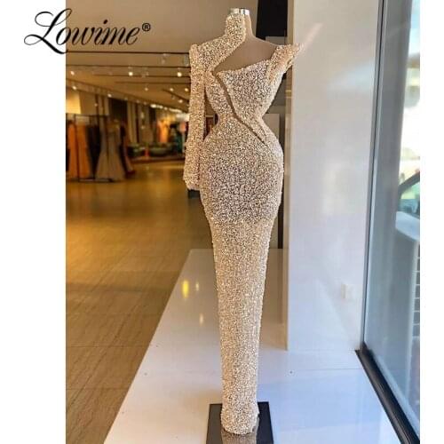 Long Beads Champagne Evening Gowns Women One Shoulder Mermaid Party Dress 2021 Plus Size Formal Prom Dresses Robes Vestidos