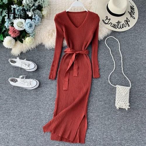 HangCode 2021 Autumn Winter Long Sleeve Sweater Dress Women Elegant Sash Bandage Knit Long Dress Split Ladies Office Dresses