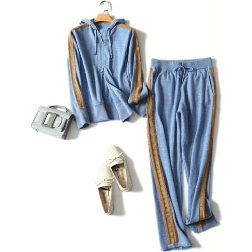 Winter fashion 100% cashmere zip hooded sweaters plus women sweatpants with pocket