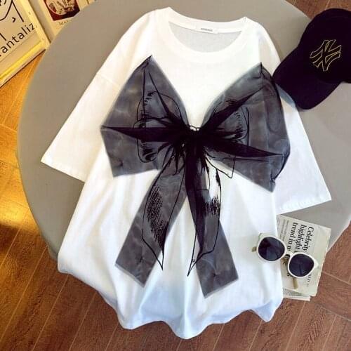 Zoki Designed Women T Shirt Summer Loose Fashion Bow Mesh Patchwork Cotton Ladies Tees Short Sleeve Casual White Black Girls Top