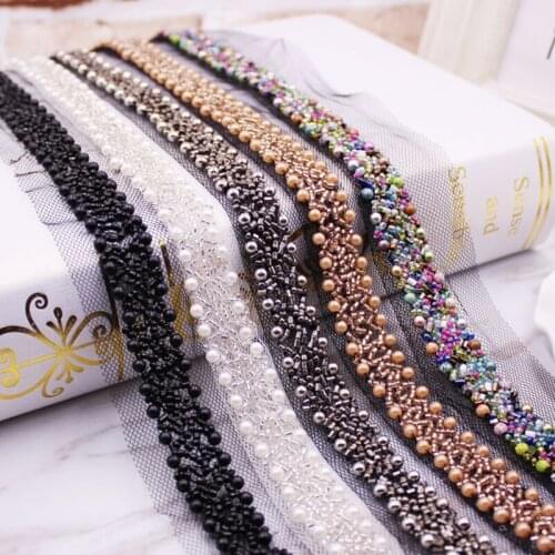 10yards Black Mesh Fabric Beads Rhinestones Applique Lace Trims DIY Handmade Beading Sewing Clothing Collar Accessories