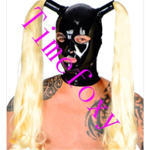100% Latex Mask Rubber Unisex Hood with ponytail Rubber Fetish Mask 1 Wigs Latex Headgear