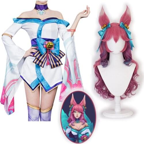 2020 Game Ahri Cosplay Costume LOL Ahri Spirit Blossom Wigs The Nine-Tailed Fox Costume Halloween Woman Dress Game Uniform Set