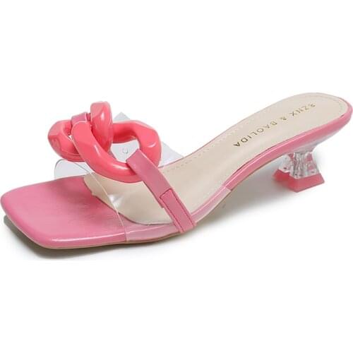 2021 Sweet Summer Women High Heels Sandals Fashion Chain Mules Slippers Clear Heels for Woman Pvc Squared Toes Ladies Sandals