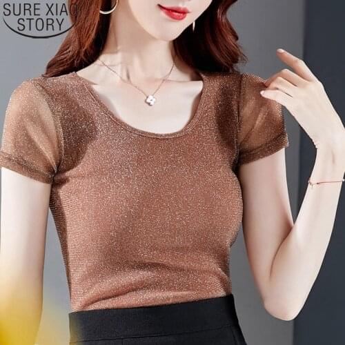 Bright Yarn Mesh Blouses Women 2020 Summer O-neck Plus Size Solid Khaki Short Sleeve Bottoming Shirts Women Ladies Tops 9562