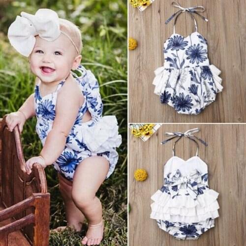 Body bebe Newborn Baby Bodysuit Girls Blue Flower Print Strap Bodysuit Cool Backless Bow Belts Jumpsuit Playsuit Summer 0-24M