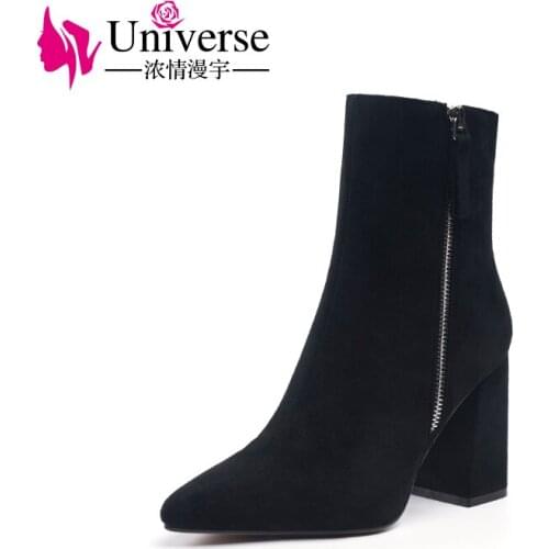 Universe Sock Boots Style Kid Suede Ankle Boots Women Luxury Handmade Black Winter Warm Boots With Short Plush 9cm/3.54'' H255