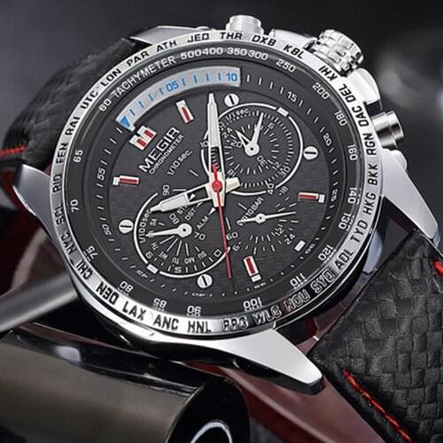 MEGIR Top Brand Luxury Sport Watch Men Luminous Waterproof Leather Quartz Mens Watch Clock Fashion Men Watch Relogio Masculino