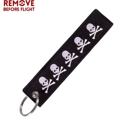 REMOVE BEFORE FLIGHT Double-sided Embroidery Dangerous Skull Keychain Bijoux for Motorcycles Gift Porte Clef Cool Key Ring Chain