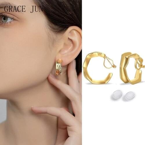 GRACE JUN Hot Sale Vintage Gold Color C Shape Geometric Clip on Earrings No Pierced for Women Fashion Simple Cuff Hoop Ear Clip