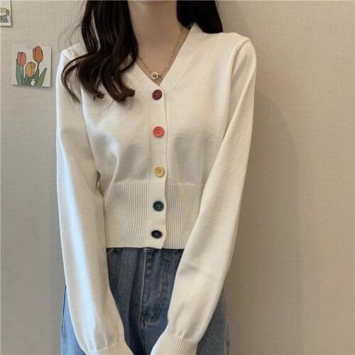Korean Style Rainbow Button Sweet Cardigan Women Loose Long Sleeved Knitted High-waist Cropped Tops