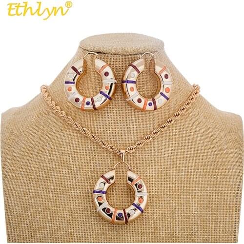 Ethlyn High Quality Women Jewelry Set Drip Oil Round Pendant Vintage Jewelry Sets Earrings Chain Nigerian/African Wedding Gift