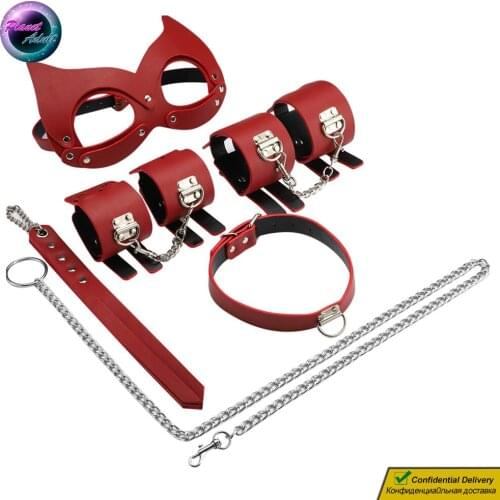 Cat Suit Style PU Leather BDSM Kit Bandage Set Blindfold Leash Collar Handcuffs Shackles Adult Sex Toys for Women Lesbian Men