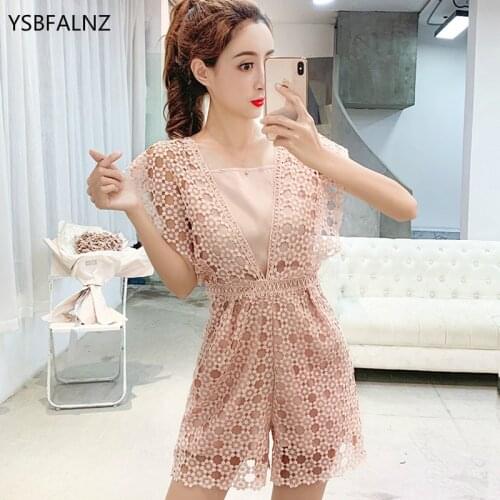 High Waist Lace Sexy Rompers Womens Jumpsuit Boho Summer V-neck Hollow Out Romper Shorts Pink Sleeveless 2020 Clothing Fashion