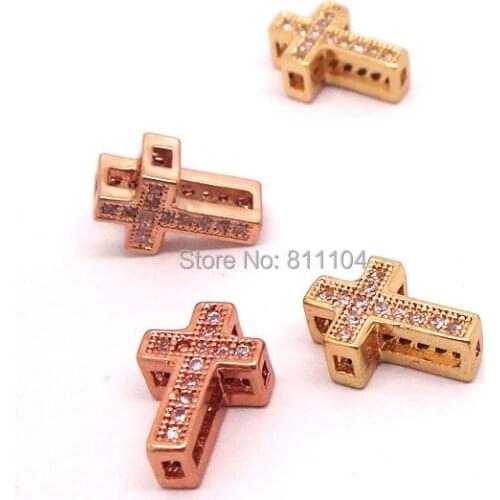 11x7.5mm Hollow Micro Pave Brass Metal Zircon CZ Crystal European Charms Spacer Beads Cross Connector Jewelry Findings Settings