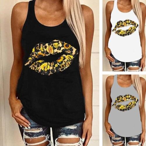 Summer Women Ladies Sunflower Lip Printing Vest Loose White Cotton Tank Top Plus Size Female Sports Casual Clothing レディース ファッション