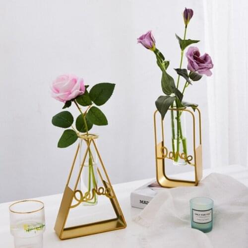 Golden Retro Iron Table Flowers Vases Metal Plant Holder with Glass Cups Home Decoration Home Iron Vase #7