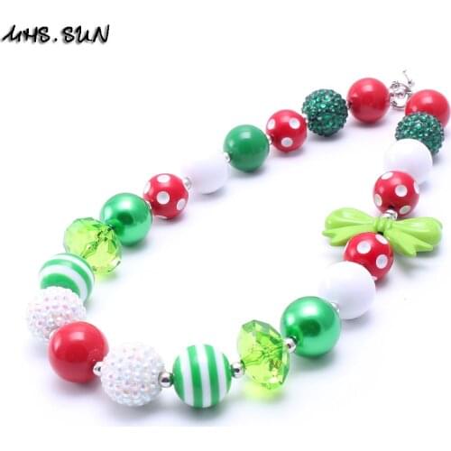 MHS.SUN Christmas Jewelry Kids Girls Beads Necklace Fashion Green/Red Bubblegum Necklace Handmade Child Chunky Accessories