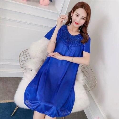 Oversize Max Weight 90kg O Neck Women Satin Nightgown Sexy Sleepwear Short Sleeve Ladies Silk Nightwear Sleep Wear Night Gown Li