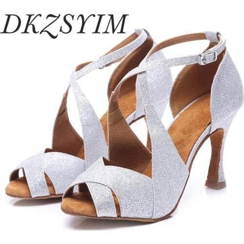 DKZSYIM Professional Latin Dancing Shoes Women Gold/Silver Ballroom Tango Sequined Cloth Party/Casual Stiletto High Hells 6-10CM