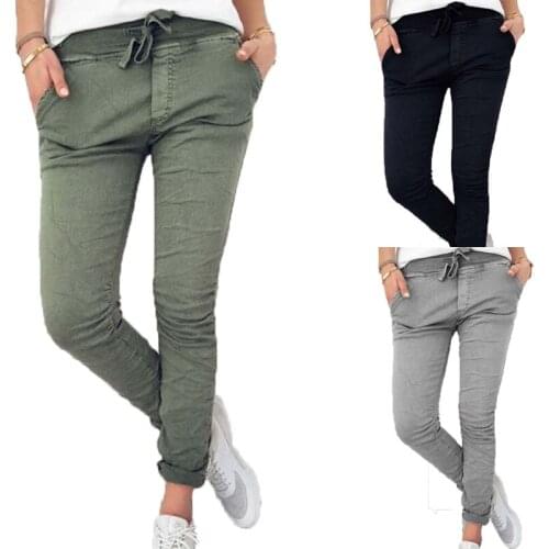 Solid Joggers Women Sweatpants Pencil Belt Pants Drawstring Pantalones femme Mujer Female High Waist Pocket Tight