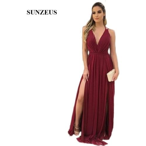 V Neck Two Side Slit Chiffon Bridesmaid Dresses 2020 A-Line Tank Burgundy Wedding Party Dresses Back Straps Cross SBD132