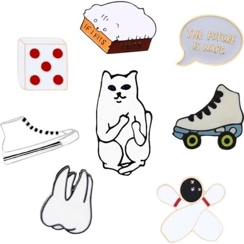 Lovely Cartoon Brooch Funny Cat Dice Bowling Shoes Metal Badges Pins Women Men Denim Jackets Hat Enamel Lapel Pin Kids Jewelry