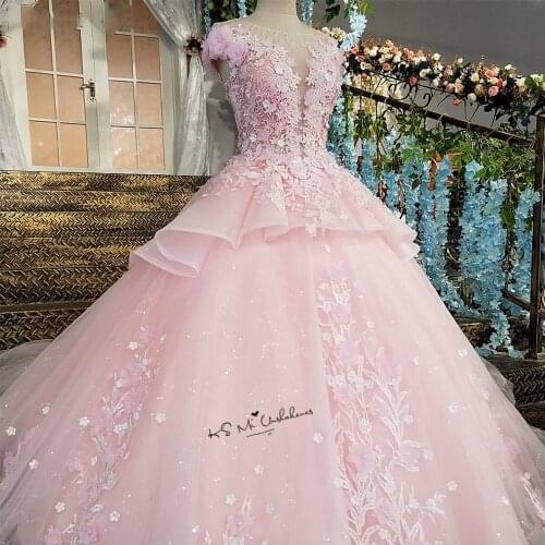 Pink Flower Luxury Wedding Dress 2018 Ball Gown Bride Dresses Lace Vestido de Casamento Cap Sleeve Diamond Bohemian Wedding Gown