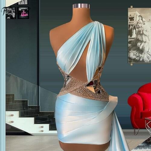 Sexy Sky Blue Asymmetrical Cocktail Dresses One Shoulder Shiny Crystal Beads Short Evening Gowns Custom Made Mermaid Prom Dress