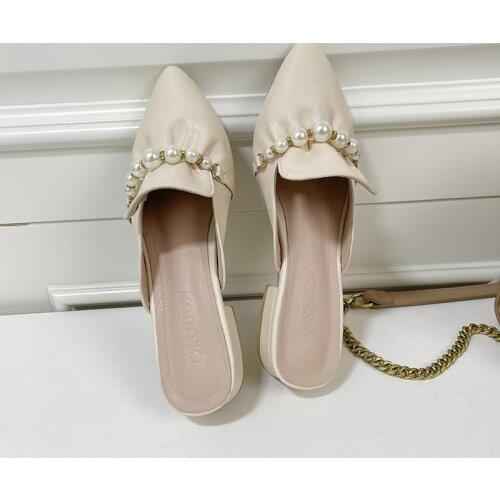 Women Slippers Casual Mid Heels Shoes 2021 Spring Summer PU Leather Pointed Shoes Women new Soft Designer Slippers Zapatos Mujer