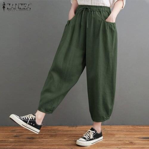 ZANZEA Summer Harem Pants Vintage Women Casual Loose Cotton Pantalon Palazzo Turnip Oversized Elastic Waist Solid Long Trousers