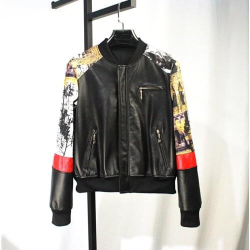 Natural Genuine Leather Clothes Womens Sheep Skin Patchwork Baseball Uniform Crew Neck Casual Short Leather Jacket