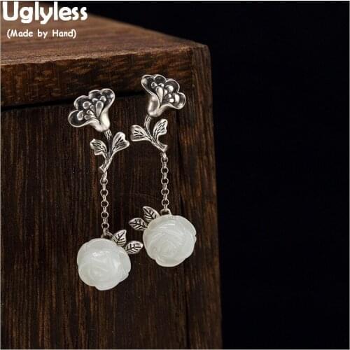 Uglyless 100% Real 925 Sterling Thai Silver Handmade Thai Silver Flower Earrings for Women Natural Jade Floral Fine Jewelry Gems