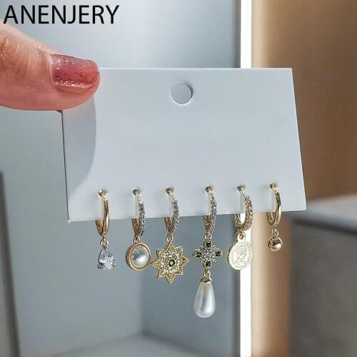 ANENJERY 6 pieces/set 925 Sterling Silver Pearl Drop-Shaped Flower Hoop Earrings for Women Zircon Retro Palace Earrings