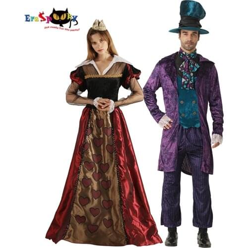 Eraspooky Alice In Wonderland Costume Adult Halloween Couple Costume Queen of hearts Women Mad Hatter Carnival Party Dress