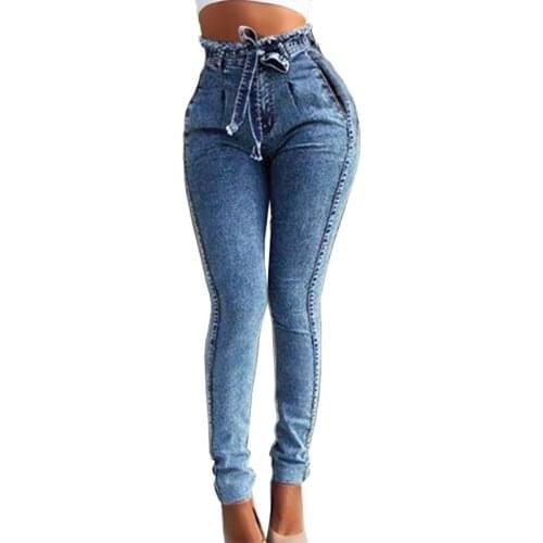 Plus Size Female Casual Trousers Women Jeans Sexy Bandage High Waist Slim Blue Gray Vintage Denim Pants Burr Belt