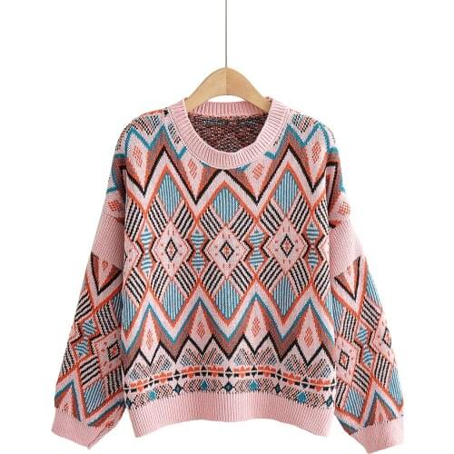 Plaid Sweater Winter Pullover Sweater for Women Knitted Argyle Ladies Sweater Long Sleeve Female Sweater 2020 Pink Beige Sweater
