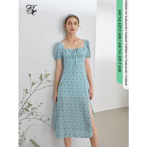 FANSILANEN Office Lady French Floral A-line Dress Summer 2021 New Style Square Neck Blue Yellow Long Skirt Women Sweet Style