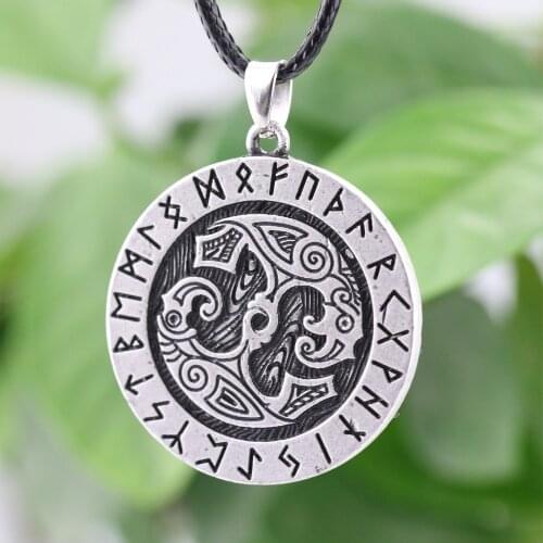 10pcs Nodic Rune Amulet Necklace Norse Vikings Legendary Rune and Double Raven Amulet Pendant Necklace Talisman Jewely