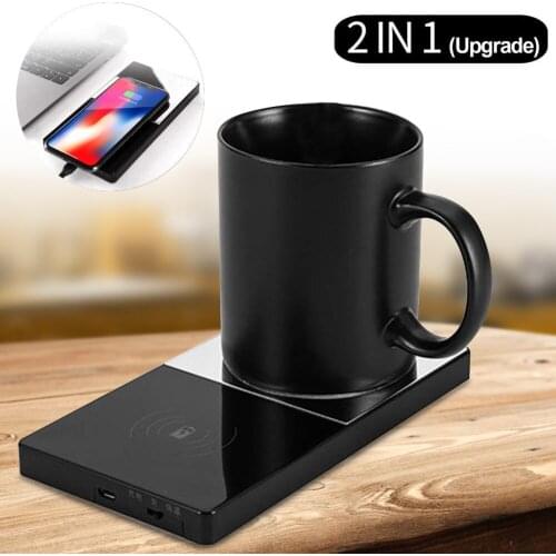 2 In 1 Heating Mug Cup Warmer Electric Wireless Charger for Home Office Coffee Milk DU55
