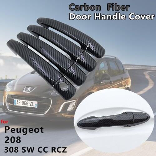 4 PCS Gloss Black Carbon Fiber Door Handle Cover Catch Trim Cap Protect Exterior Car Accessories for Peugeot 208 308 SW CC RCZ