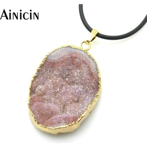 5pcs Natural Drusy Stone Rainbow Color Pendant 16'' Chain Necklace For Man and Women Jewelry