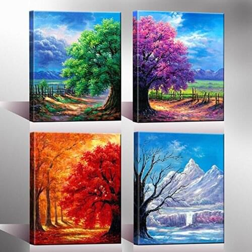 Painting With Diamonds Scenery Tree Diamond Painting Full Square Landscape Four Seasons Tree Puzzle Picture Of Rhinestone Decor