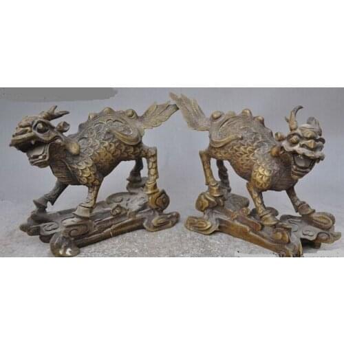 Bi001451 10"china fengshui bronze Evil spirits Kirin Unicorn Kylin fly beast statue pair