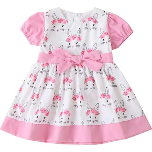 Childrens Clothes Kids Baby Girls Easter Cute Rabbit Print Big Bowknot Patchwork Dress Fashion Short Sleeve Back Zipper Dress