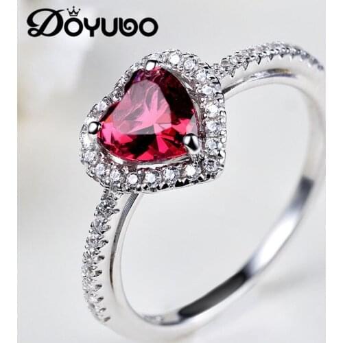DOYUBO Romantic Womens Red Heart CZ Silver Rings Fashion New Lady Sterling Silver Rings With 6MM Heart CZ Fine Jewelry VB054