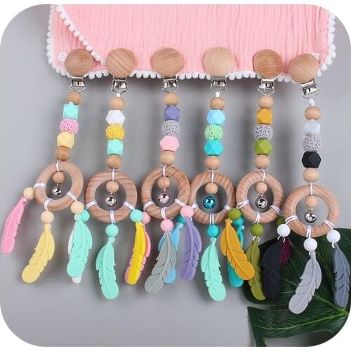 DIY Baby creative beech ring toy gutta percha new cartoon feather silicone molar stick pacifier chain anti drop chain